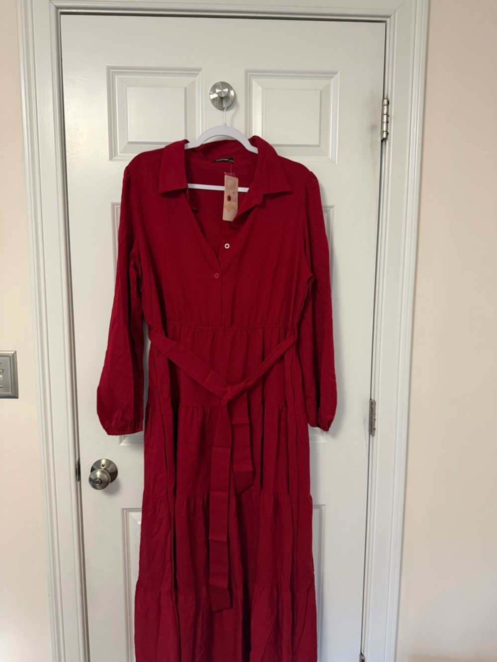Red Long Sleeve Tiered Maxi Dress with Waist Tie